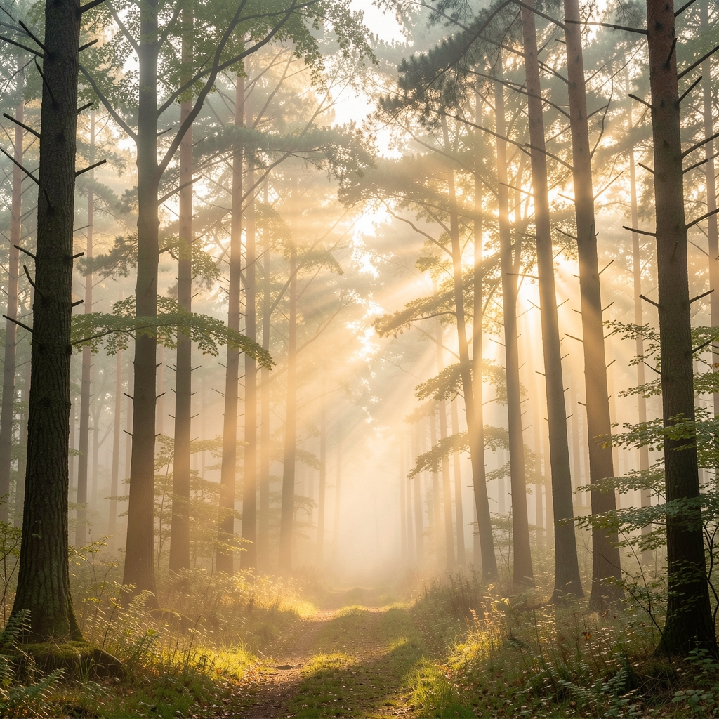 Szeroka panorama leśna z poranną mgłą między drzewami, miękkie złote światło przebijające przez korony drzew, spokojny naturalny krajobraz